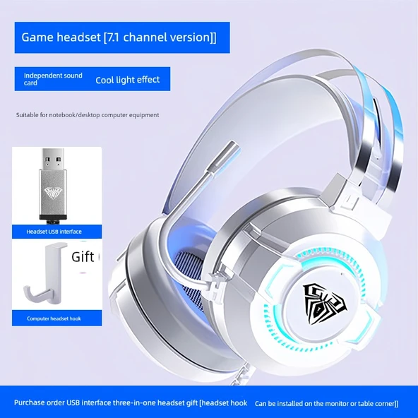 7.1 Surround USB Kablolu Oyuncu Kulaklığı - Beyaz USB Arabirim ve Kulaklık Kancası