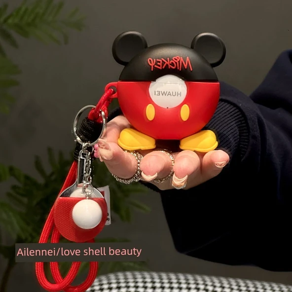 Donut Mickey Silikon Kılıf - Raket Kolye ve Askılı - Huawei Freebuds 4/4e - 2