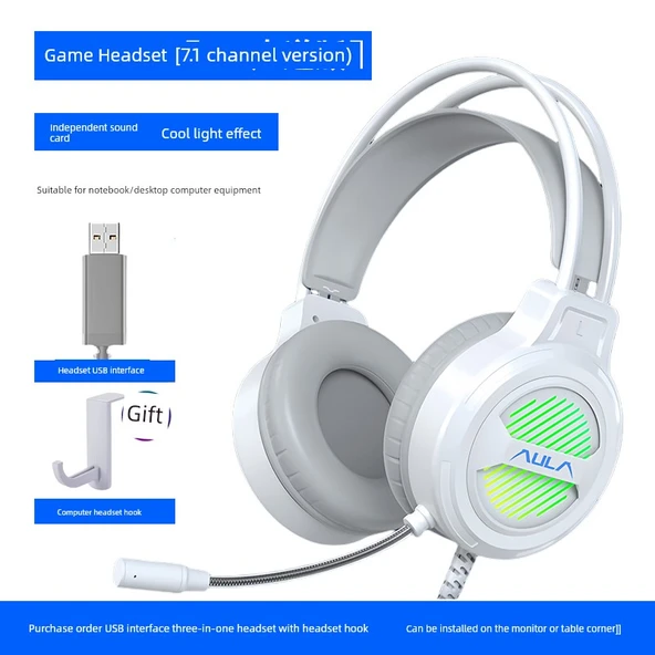 7.1 Surround USB Kablolu Oyuncu Kulaklığı - Beyaz Ay USB Arabirim ve Kulaklık Kancası