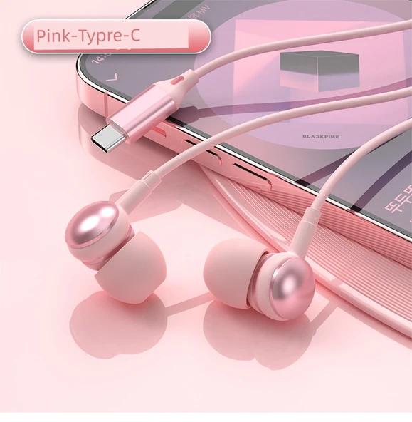 iPad Type-C Girişli Mikrofonlu Kulak İçi Kulaklık - Pembe