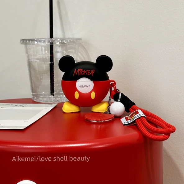 Donut Mickey Silikon Kılıf - Raket Kolye ve Askılı - Huawei Freebuds 4/4e - 6
