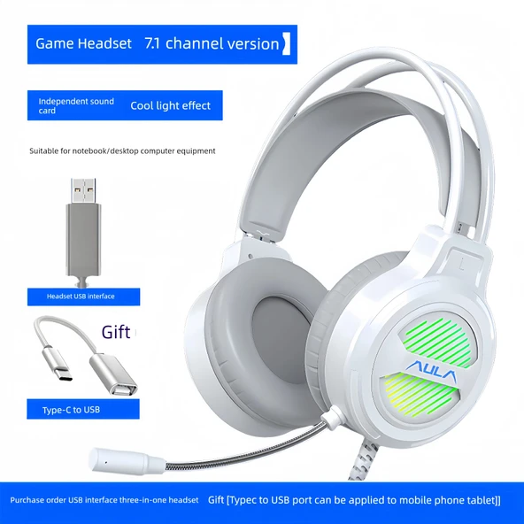 7.1 Surround USB Kablolu Oyuncu Kulaklığı - Beyaz Ay USB Arabirim ve Telefon Adaptörü