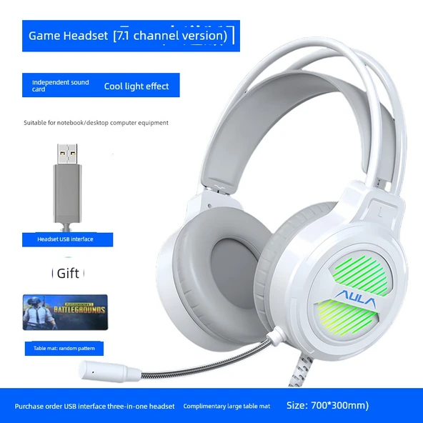 7.1 Surround USB Kablolu Oyuncu Kulaklığı - Beyaz Ay USB Arabirim ve Klavye Mousepad