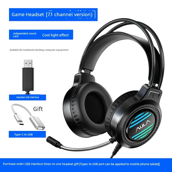 7.1 Surround USB Kablolu Oyuncu Kulaklığı - Koyu Gece USB Arabirim ve Telefon Adaptörü