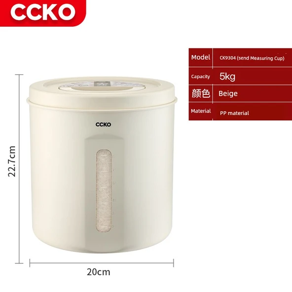 Pirinç Saklama Kabı - 10kg PP Bej Silikon Contalı