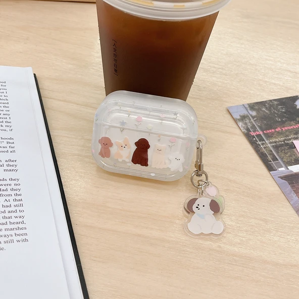AirPods 4 için Çiçek ve Köpek Desenli Silikon Koruyucu Kılıf - Şeffaf Çerçeveli - 6