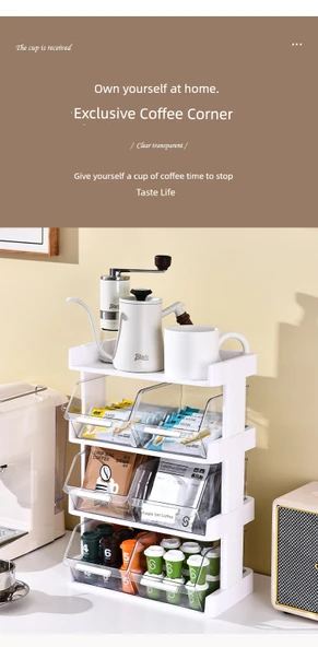 Modern Plastik Çay Poşeti Saklama Kutusu - Krem Sarısı - Üç Katlı - 8