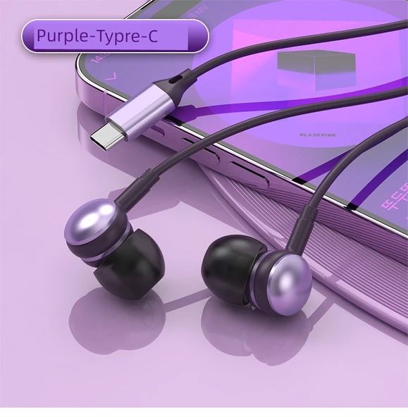 iPad Type-C Girişli Mikrofonlu Kulak İçi Kulaklık - Mor
