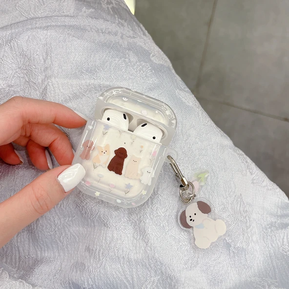 AirPods 4 için Çiçek ve Köpek Desenli Silikon Koruyucu Kılıf - Şeffaf Çerçeveli - 4