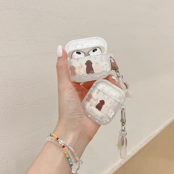 AirPods 4 için Çiçek ve Köpek Desenli Silikon Koruyucu Kılıf - Şeffaf Çerçeveli - 5