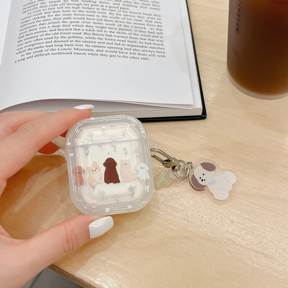 AirPods Pro için Çiçek ve Köpek Desenli Silikon Koruyucu Kılıf - Şeffaf Çerçeveli - 11