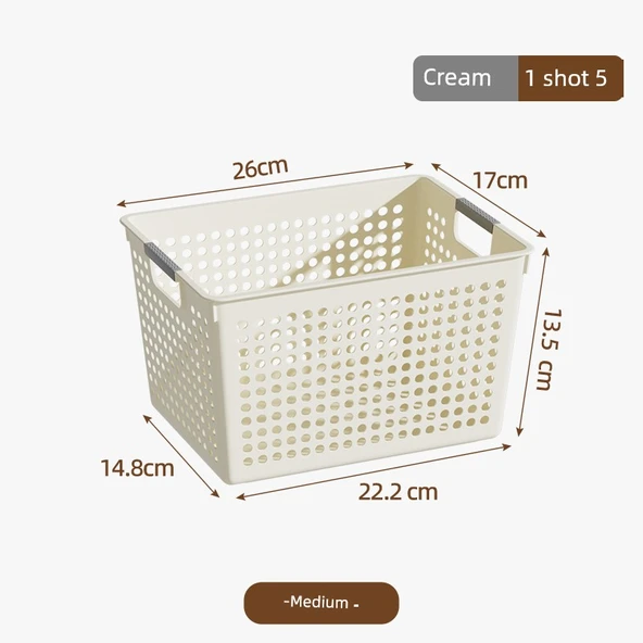 Krem Plastik Saklama Sepeti - Orta Boy - 5'li Paket