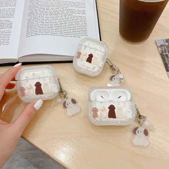AirPods 4 için Çiçek ve Köpek Desenli Silikon Koruyucu Kılıf - Şeffaf Çerçeveli - 3