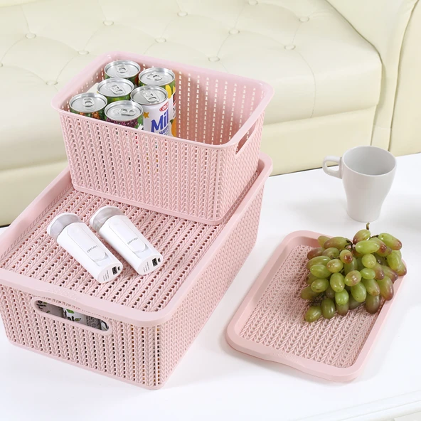 İskandinav Tarzı Pembe Renk 4'lü Plastik Saklama Kutusu Seti - 4