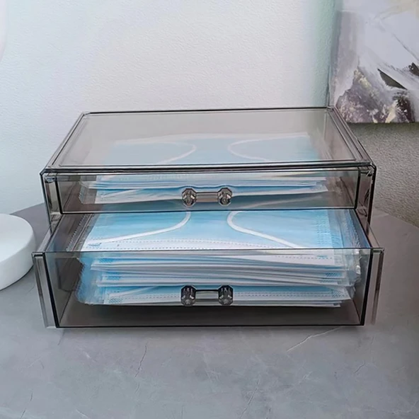 Akrilik Saklama Kutusu - Toz Geçirmez Çekmeceli Organizer - Şeffaf Gri 6402 Çekmeceli - 11