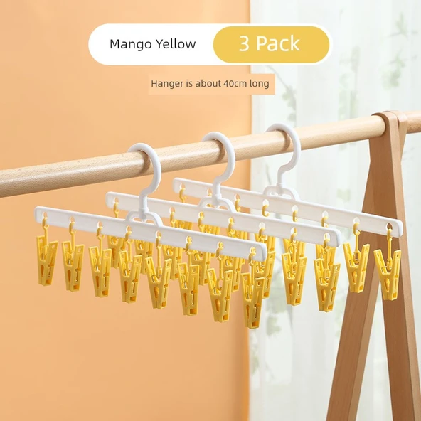 Çocuk Giysi Kurutma Askısı - Çorap ve İç Çamaşırı Klipsli - 3'lü Paket Mango Sarısı