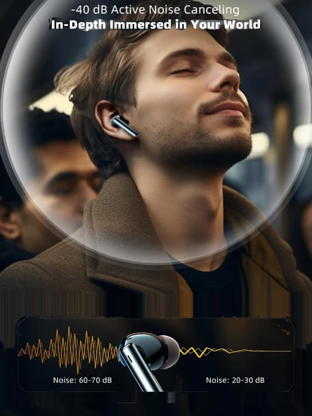 40dB Aktif Gürültü Önleyici Bluetooth Kulaklık - Siyah Gümüş Kaplama - 6