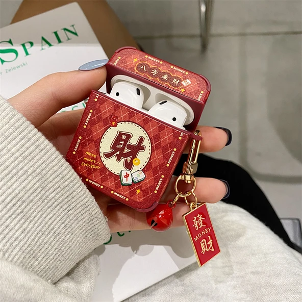 AirPods 1/2 Uyumlu Deri Kılıf - Para Sekiz Yön + Kolye