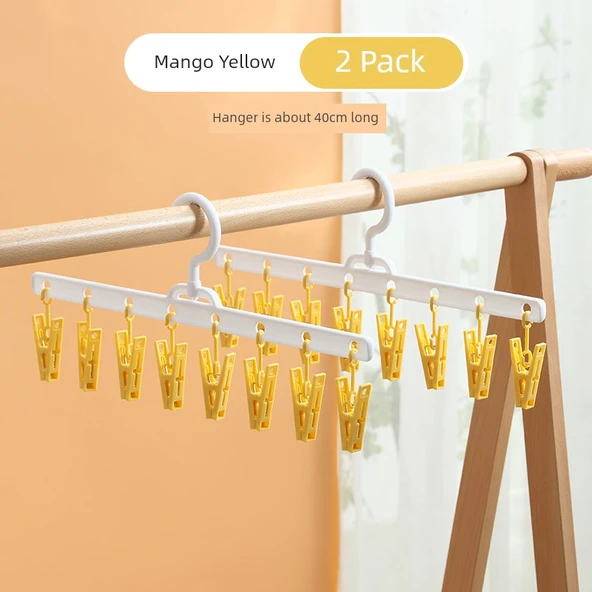 Çocuk Giysi Kurutma Askısı - Çorap ve İç Çamaşırı Klipsli - 2'li Paket Mango Sarısı