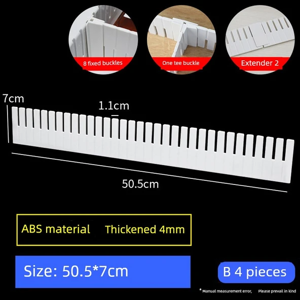 Ayarlanabilir Çekmece Bölme Düzenleyici - B Tipi 4 Adet [50.5*7cm] 8 Sabit Toka + 2 Uzatıcı + 1 T Toka