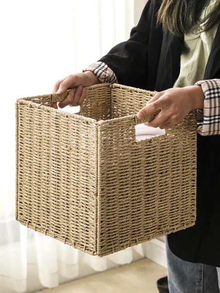 Japon Stili Dokuma Saklama Kutusu - Ham Renk 27x27x27 cm - Resim 3