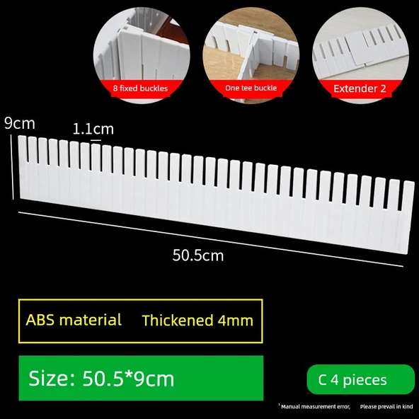 Ayarlanabilir Çekmece Bölme Düzenleyici - C Tipi 4 Adet [50.5*9cm] 8 Sabit Toka + 2 Uzatıcı + 1 T Toka