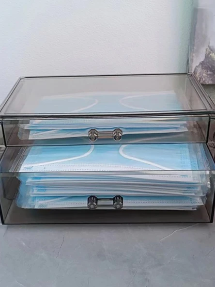 Akrilik Saklama Kutusu - Toz Geçirmez Çekmeceli Organizer - Şeffaf Gri 6402 Çekmeceli - 5