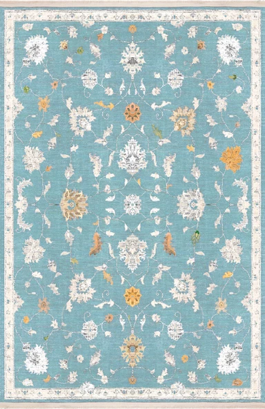 Vintage Desenli Dokuma Pamuk Taban Dijital Dekoratif Halı  MAVİ 100X200
