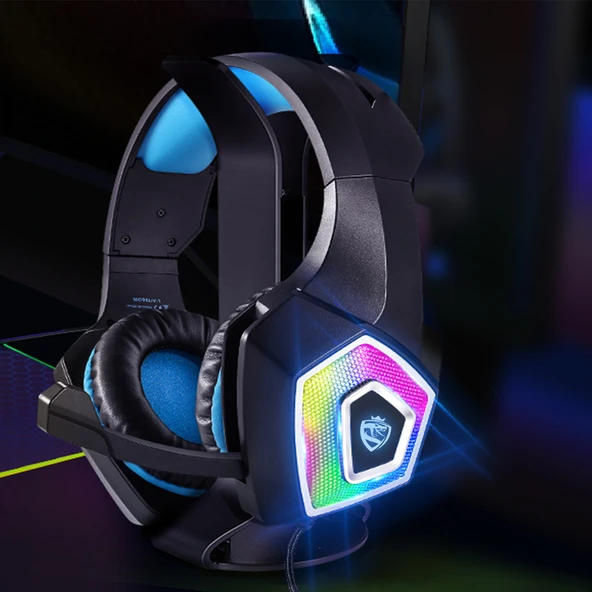 V1 RGB Oyuncu Kulaklığı - Siyah ve Mavi - 3.5mm Bağlantı - 10