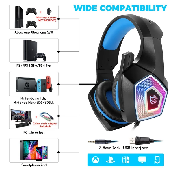 V1 RGB Oyuncu Kulaklığı - Siyah ve Mavi - 3.5mm Bağlantı - 4
