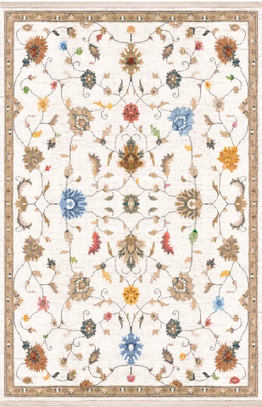 Vintage Desenli Dokuma Pamuk Taban Dijital Dekoratif Halı  BEYAZ 160X230 - 2