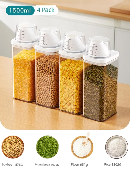 Hava Geçirmez Plastik Gıda Saklama Kabı - 1500ml Kaba Tahıl Haznesi - 4'lü Paket