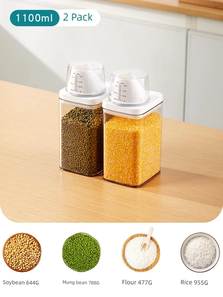 Hava Geçirmez Plastik Gıda Saklama Kabı - 1100ml Kaba Tahıl Haznesi - 2'li Paket