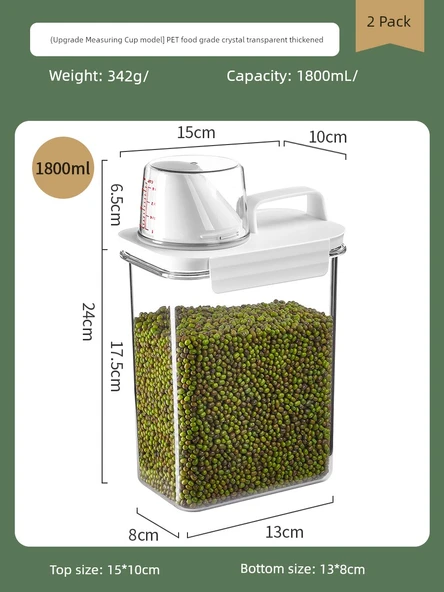 Hava Geçirmez Plastik Gıda Saklama Kabı - 1800ml Saplı Tahıl Haznesi - 2'li Paket