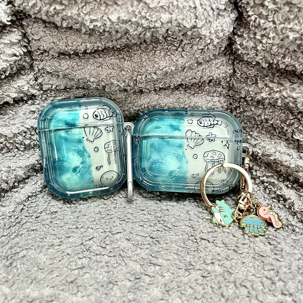 AirPods 3 Kılıf - Şeffaf Denizanası Ahtapot Desenli Metal Deniz Hayvanı Kolye - 8