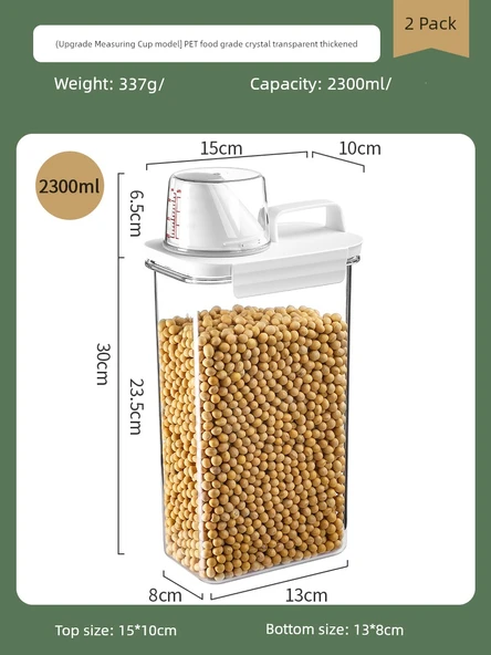 Hava Geçirmez Plastik Gıda Saklama Kabı - 2300ml Saplı Tahıl Haznesi - 2'li Paket