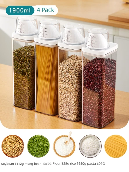 Hava Geçirmez Plastik Gıda Saklama Kabı - 1900ml Karışık Tahıl Haznesi - 4'lü Paket