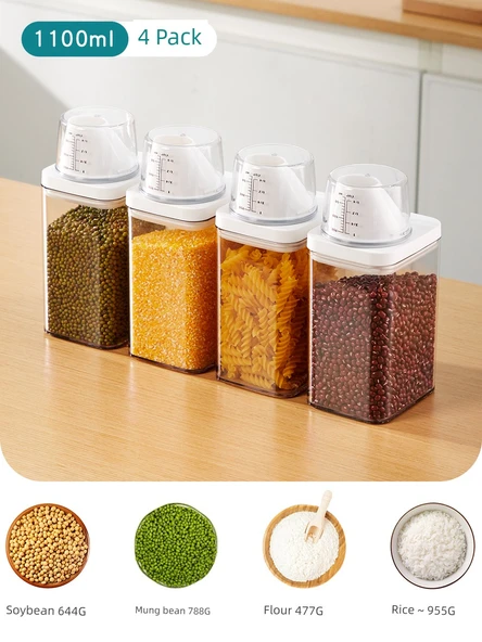 Hava Geçirmez Plastik Gıda Saklama Kabı - 1100ml Kaba Tahıl Haznesi - 4'lü Paket