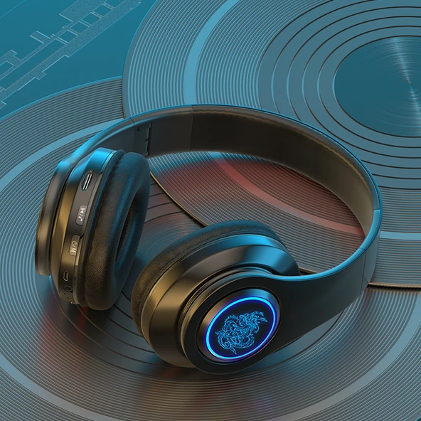 Bluetooth 5.0 Kulaklık - Ejderha Desenli Saf Siyah, Uzun Ömürlü, 9D Ses