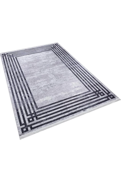 Frenda Home Çerçeve Desen Dokuma Pamuk Taban Dijital Dekoratif Halı  GRİ 140X200 - 2