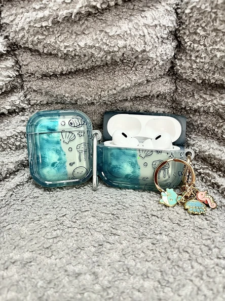 AirPods 3 Kılıf - Şeffaf Denizanası Ahtapot Desenli Metal Deniz Hayvanı Kolye - 4