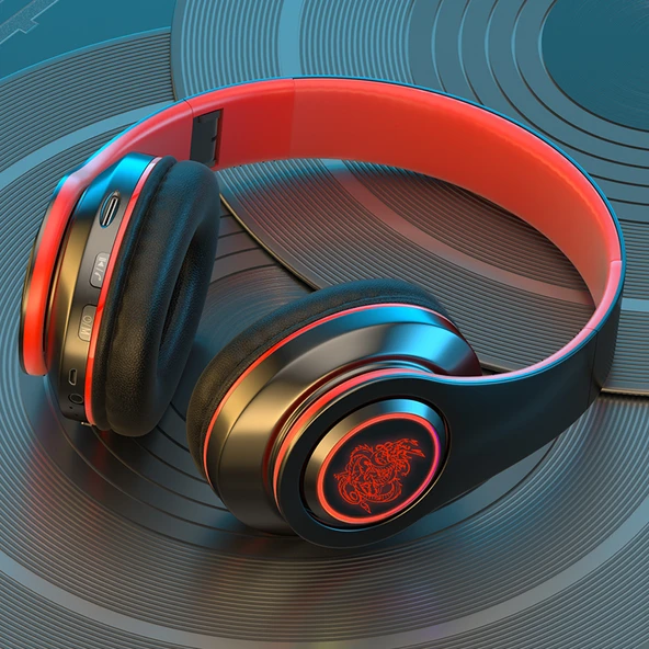 Bluetooth 5.0 Kulaklık - Ejderha Desenli Siyah Kırmızı, Uzun Ömürlü, 9D Ses