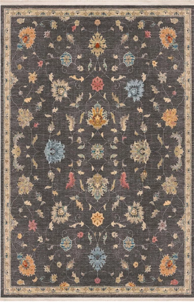 Vintage Desenli Dokuma Pamuk Taban Dijital Dekoratif Halı  GRİ 80X200