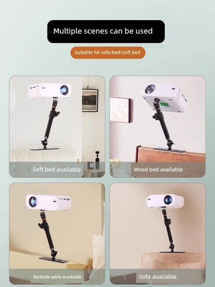 Yatak Başı Projektör Braketi - Geniş Çelik Taban + Standart Pan/Tilt + Teleskopik Çubuk - 4