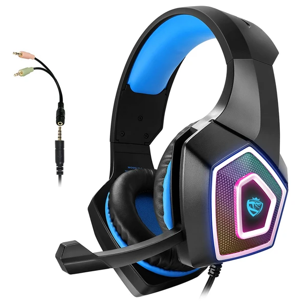 V1 RGB Oyuncu Kulaklığı - Siyah ve Mavi - 3.5mm Bağlantı - 2