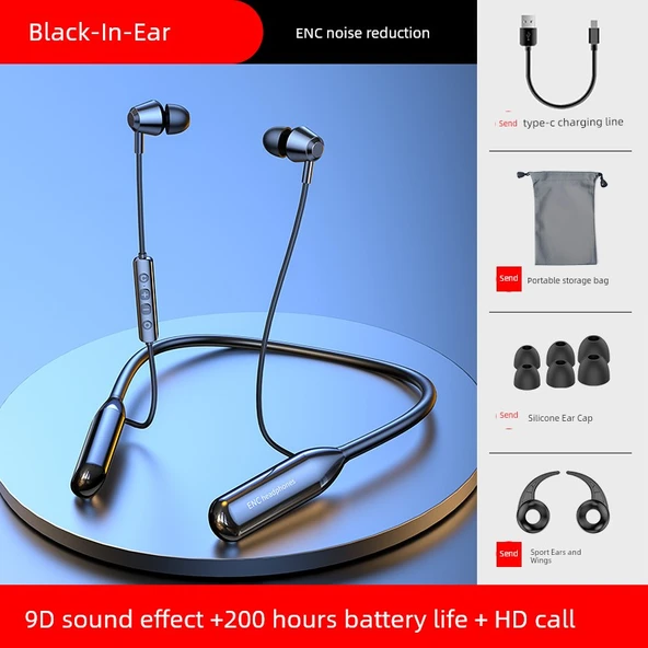 Bluetooth 5.0 Kulaklık - Parlak Siyah, Kulak İçi, 9D Ses, 200 Saat Pil