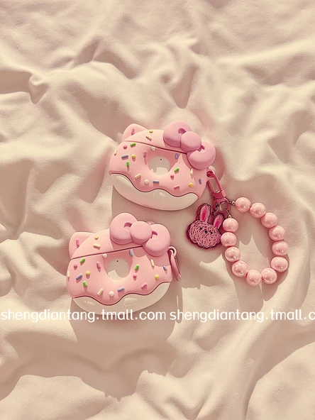 Sevimli Donut Kedi AirPods 3 Kılıfı - Pudra Fiyonk KT Donut + Pudra Boncuklu Tavşan Zincirli - 2
