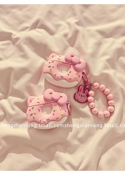 Sevimli Donut Kedi AirPods 3 Kılıfı - Pudra Fiyonk KT Donut + Pudra Boncuklu Tavşan Zincirli - 8