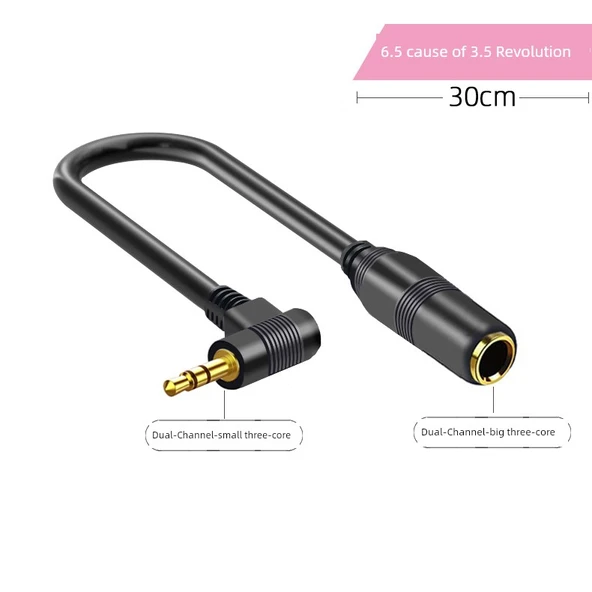 Çift Kanallı 6.5mm Dişi - 3.5mm Erkek 90 Derece 0.3m Ses Adaptör Kablosu