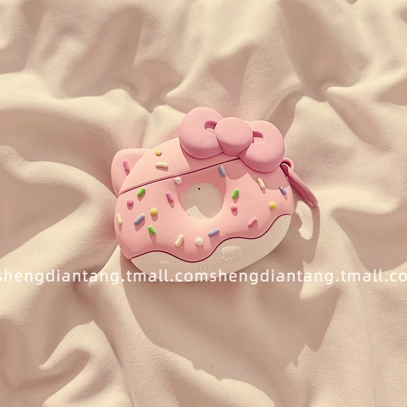 Sevimli Donut Kedi AirPods Kılıfı - Pembe Fiyonk KT Donut + Kancalı